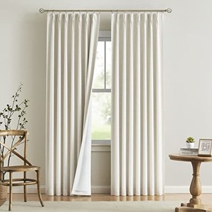 lot 52924 image: Vision Home Natural Pinch Pleated Full Blackout Curtains Linen Blended Room Darkening Window Curtains 95 inch for Living Room Bedroom Thermal Insulated Pinch Pleat Drapes with Hooks 2 Panel 40Wx95L