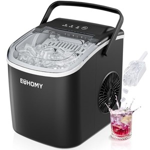 lot 52927 image: EUHOMY Countertop Ice Maker Machine with Handle, 26lbs in 24Hrs, 9 Ice Cubes Ready in 6 Mins, Auto-Cleaning Portable Ice Maker with Basket and Scoop, for HomeKitchenCampingRV. (Black)