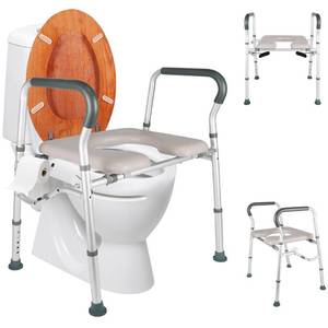 lot 52932 image: Toilet Seat Risers for Seniors, Raised Toilet Seat with Frame, Padded Seat with Splash Guard, Height Adjustable Commode Chair for Toilet, Up to 350lbs Support - Products Include Side splints