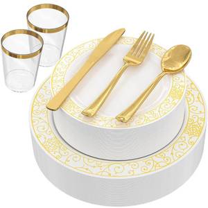 lot 52986 image: Plastic Plates, GreenElevate 150 Pieces Disposable Plates Plastic Dinnerware Set for 25 Guests 25 Dinner Plates, 25 Dessert Plates, 25 Forks, 25 Spoons, 25 Knives, 25 Cups, Gold Party Plates