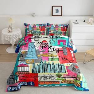 lot 52998 image: Feelyou Statue of Liberty Comforter Set New York Cityscape Bedding Set for Kids Children Teens Famous City Scene Comforter Historical Scenery Duvet Set Queen Size with 2 Pillow Case