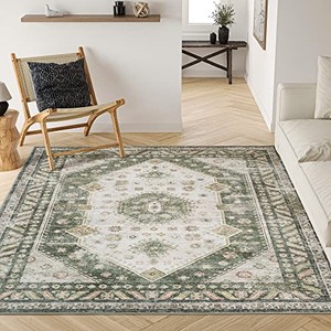 lot 53004 image: Valenrug Washable Rug 6x9 - Ultra Thin Green Collection Area Rug, Stain Resistant Non-Skid Rugs for Living Room, Antique Bedroom Rugs(6x9, TPR41-Green)