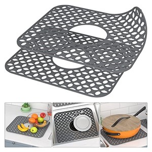 lot 53008 image: Kitchen Sink Mats, TOOVEM 2PCS Non-Slip Heat Resistant Silicone Sink Protector Mat for Bottom of Stainless Steel Porcelain Sink, Folding Farmhouse Rear Drain Sink Mats, Center Drain