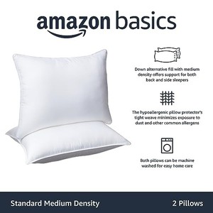 lot 53018 image: One Amazon Basics Down Alternative Bed Pillow, Medium Density for Back and Side Sleepers, Standard, 26 x 20 Inch - White