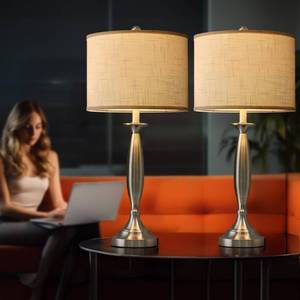 lot 53020 image: Oneach 27 Modern Table Lamps Set of 2 for Living Room Bedroom with USB Charging Port,Brushed Steel Bedside Lamps for Night Stands,Fabric Drum Shade Nightstand Lamp Light for End Tables Home(Nickel)