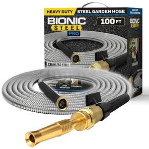 lot 53023 image: Bionic Steel PRO Metal Garden Hose 100 Ft with Nozzle, 304 Stainless Steel Water Hose 100Ft, Flexible 100 Ft Garden Hose, Kink Free, Lightweight, Crush Resistant, Garden Hoses with 500 PSI-2024 Model