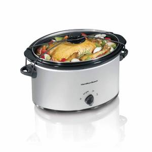 lot 53029 image: Hamilton Beach 7-Quart Portable Slow Cooker Serves 8, Dishwasher Safe Crock, Lid Latch Strap for Travel, Brushed Silver