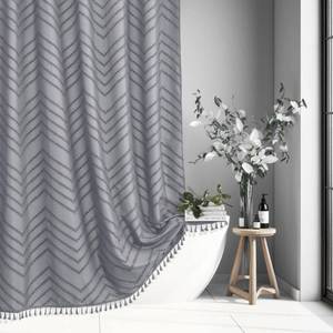 lot 53048 image: Siiluminisoy Extra Long Grey Boho Shower Curtain with Tassel, Woven Fabric 96 in Shower Curtain, Tufted Chevron Striped, 72 x 96, Modern Chic Textured Minimalist Bathroom Shower