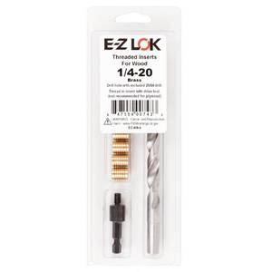 lot 53054 image: E-Z LOK 400-4 Threaded Inserts for Wood, Installation Kit, Brass, Includes 14-20 Knife Thread Inserts (5), Drill, Installation Tool,Gold-Black-Silver
