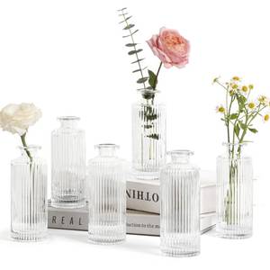 lot 53086 image: ComSaf Small Vases for Flowers Mini Clear Glass Bud Vases in Bulk, Mini Flower Vase, Vases for Centerpiece, Ribbed Vases Set, Wedding Table Ceterpiece, Home Decor, Housewarming Gift (Clear)