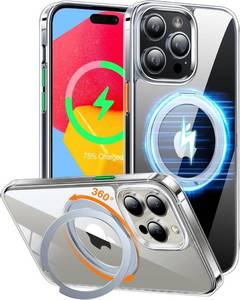 lot 53105 image: TORRAS 360°Rotatable Magnetic Ring for iPhone 15 Pro Max Case, Compatible with MagSafe with Stand & Ring Holder, Military Grade Shockproof Translucent Back for iPhone 15 ProMax Case Ostand R, Clear