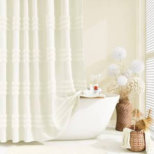 lot 53108 image: Dynamene Extra Long Shower Curtains, 84 Inches Long Textured Tufted Chenille Striped Fabric Bathroom Shower Curtain, Tall Modern Shabby Chic Cloth Shower Curtain Set with Hooks, Cream, 72x84