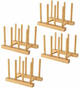 lot 53112 image: Lawei Set of 4 Bamboo Dish Rack - 3 Slots Cutting Board Racks Plate Rack Stand Pot Lid Holder for Bowl, Cup, Cutting Board and More
