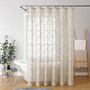 lot 53115 image: Regal Home Collections Jaffa Stylish Embroidered Shower Curtain 70W x 72L - Semi Sheer Faux Linen Fabric Shower Curtains with Leaf Embroidery -Transform Your Bathroom Today (Beige)