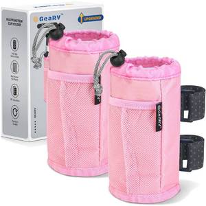 lot 53118 image: GEARV 2Pack Cup Holder for Bike, Scooter and Wheelchair, Water Bottle Holder for UTVATV, Walker, Golf Cart and Beach, Universal Drink Holder Accessories with Net Pocket and Cord Lock (Pink)