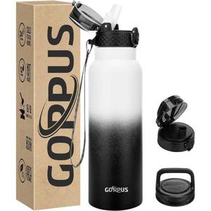 lot 53142 image: GOPPUS 24 oz Insulated Water Bottle With Straw Stainless Steel Sports Water Cup Flask with 3 Lids (Straw, Spout and Handle Lid) Wide Mouth Metal Water bottles for Men Women (White Black)