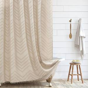 lot 53148 image: Extra Long Farmhouse Boho Chevron Shower Curtain, Woven Fabric 96 in Beige Shower Curtain, 72 x 96, Tufted Striped, Modern Chic Textured Shower Curtain Set Minimalist Bathroom Decor