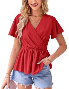 lot 53158 image: Casual Tops for Women Ruffle Sleeve T-Shirts Summer Office Shirt V Neck Wrap Top Red L