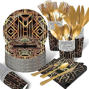 lot 53172 image: 120 pcs Roaring 20s Party Decorations  Serves 16 Guests  Gatsby Theme Tableware Set Kit, Retro Jazz Party Roaring Twenties Party Plates Napkins Set Signs for Roaring 1920s Party Decorations