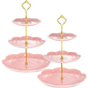 lot 53200 image: Tanlade 2 Pcs Porcelain Cupcake Stand 3 Tier Serving Tray Dessert Tiered Tea Party Plates Embossed 3 Tier Cake Stand High Tea Elegant Stand Cupcake Platter for Wedding Birthday(Pink)