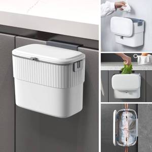 lot 53229 image: ELPHECO Kitchen Compost Bin with Lid 1.8 Gallon Hanging Trash Can with Lid, 7 Liter Wall-Mounted Garbage Can for Kitchen Cabinet Door, Small Under Sink Trash Can for Cupboard, Bathroom, Office