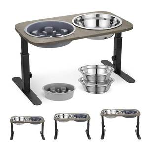 lot 53236 image: Veehoo Elevated Dog Bowls - Adjustable Raised Dog Bowl Stand with Slow Feeder Dog Bowl & 2 Stainless Steel Food Bowls, Wood Dog Feeding Station with Metal Stand for Large Medium Small Dogs
