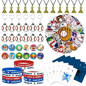 lot 53251 image: 100pcs Baseball Party Favors Baseball Key Chain Necklace Silicone Wristbands Stickers Goodie Bags Button Badges For Baseball Club Party Favors Classroom Rewards Baseball Theme party Supplies