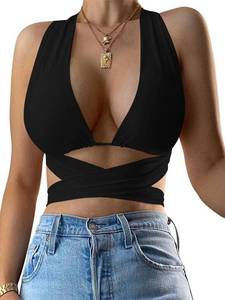 lot 53252 image: Kaximil Womens Sexy Sleeveless Halter Criss Cross Cami Lace Up Self Tie Tank Crop Tops, L-XL, Black