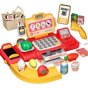 lot 53304 image: Jovow 36PCS Cash Register Toy Playset,Pretend Play Money Kids Calculator Cash Register with Scanner, Microphone, Credit Card,Weighers, Conveyors,Play Food, Gift for Ages 3 Boys Girls  Red