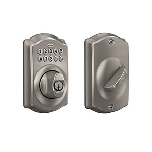 lot 53306 image: Schlage BE365 V CAM 619 Camelot Keypad Deadbolt, Electronic Keyless Entry Lock, Satin Nickel - Retail $113.2