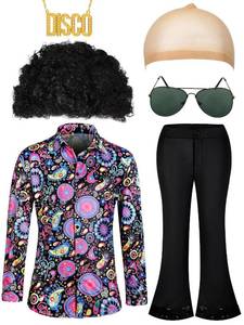 lot 53327 image: Mepase 6 Pcs Men 70s Disco Costumes Include Retro Shirt Bell Bottom Pants Wig Sunglasses Necklace Wig Cap for Disco Party (XX-Large)