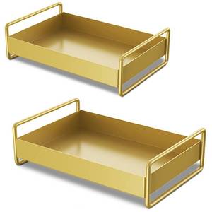 lot 53335 image: ZOOFOX Set of 2 Decorative Gold Serving Tray, Vintage Coffee Table Tray with Handles, 1310 L Metal Vanity Storage Holder Breakfast Tray for Dessert, Perfume, Fruit, Jewelry, Skin Care, Rectangular