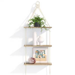 lot 53338 image: Fixwal Macrame Hanging Shelves for Wall, 3 Tier Boho Wall Decor Plant Rack Floating Shelves with Handmade Woven Rope Rustic Wood Organizer Storage Hanger for Aesthetic Home Bedroom Kitchen Bathroom
