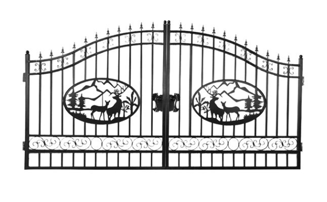 lot 1013F image: 14 Foot - Unused 2023&nbspGreatbear Bi-Parting Iron Gate. With artwork Deer in the Middle of Gate Frame. (Some Damage)