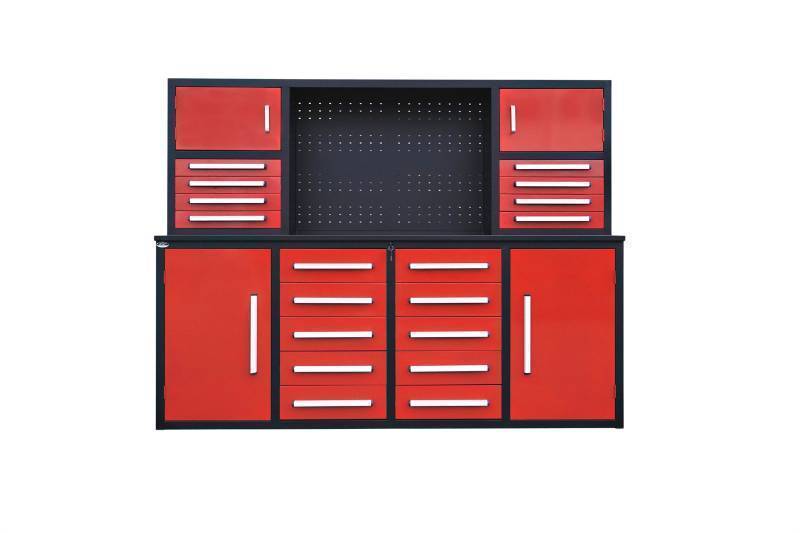 lot 1132 image: Unused 2024 Steelman 7FT-18D Red Work Bench with 18 Drawers.  86x23x39 inch