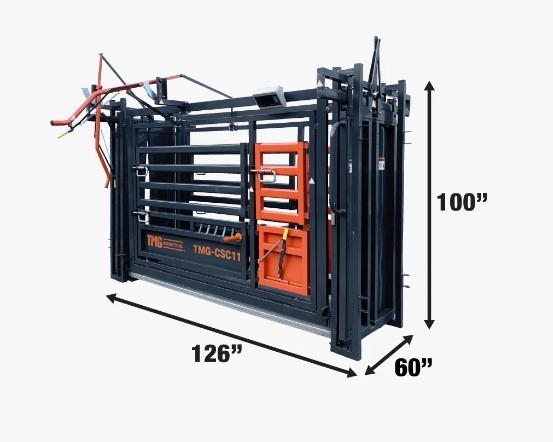 lot 825 image: Unused TMG-CSC11 TMG Industrial 10 Squeeze Cattle Work Chute 4500-lb Weight Scale, Side Exit, Side Squeeze, UpperLower Swing Openings, LCD Weight Display