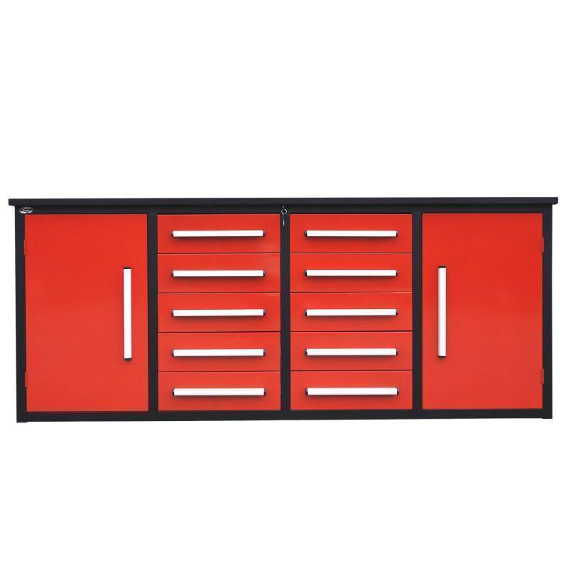 lot 1139 image: Unused Steelman 7FT-10D Red Work Bench with 10 Drawers &amp 2 Cabinets