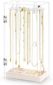 lot 60005 image: Necklace Holder, Acrylic Jewelry Organizer with 24 Hooks, Rotation Clear Necklaces Pendant Display Case Stand, Dust-proof Velvet Tray Hanging Rack Storage for Earrings Rings