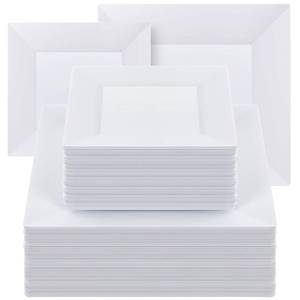 lot 60029 image: Goodluck 100 Pack Disposable Square Plastic Plates, Heavy Duty 50pcs Dinner Plates 9.5 and 50pcs Dessert Plates 6.5, Fancy Disposable Plates for Wedding, Holiday Party, Birthday, White