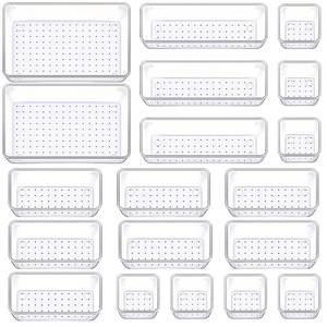 lot 60033 image: Manalete Drawer Organizers Set of 19, 4 Sizes Clear Plastic Drawer Organizers and Storage Bins for Kitchen, Bathroom, Office, Dresser Desk Drawer Organizer Tray for Jewelry, Makeup, Junk, Gadgets