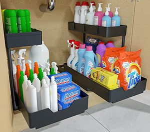lot 60048 image: 2-Tier Under Sink Organizers, 2 Pack Sliding L-shape Cabinet Organizers Narrow Space Storage Multi-purpose Sink Organizer for Bathroom Kitchen Drawer(Black 2 )