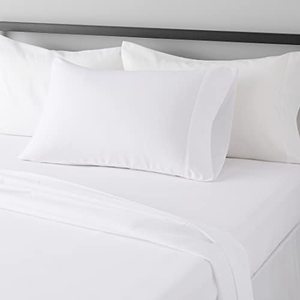 lot 60050 image: Amazon Basics Lightweight Super Soft Easy Care Microfiber 3-Piece Bed Sheet Set with 14-Inch Deep Pockets, Twin XL, Bright White, Solid