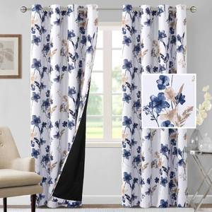 lot 60095 image: H.VERSAILTEX 100% Blackout Curtains 96 inch Length 2 Panels Set Cattleya Floral Printed Drapes Leah Floral Thermal Curtains for Bedroom with Black Liner Sound Proof Curtains, Navy and Taupe