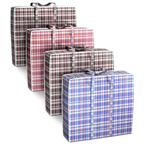 lot 60109 image: Oskal Extra Large Storage Bag, 4Pcs Heavy Duty Polypropylene Plastic Checkered Laundry Bags with Zipper, Waterproof, Foldable, 23.6x23.6x5.5 inch, 10 pounds Capacity