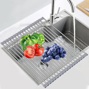 lot 60121 image: Sindax 23.7 Extra Large Dish Drying Rack, Expandable Roll Up Over The Sink Dish Drying Rack, SUS304 Stainless Steel Multipurpose Kitchen Drainer Rack Up Load to 70Lb