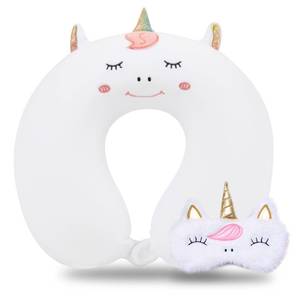 lot 60126 image: Sexysamba Cartoon Headrest & Neck Pillow for Kids Boys & Girls, Teens, Travel Accessories Memory Foam Cute Travel Pillow with Sleep Eye Mask for Airplane, Car, Recline - White Unicorn