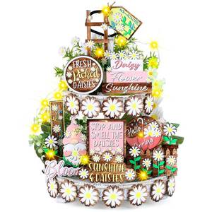 lot 60144 image: Menkxi 25 Pcs Spring Tiered Tray Decor Set with LED Light Flower Gnome Table Wooden Sign Decorations Classic Tabletop Farmhouse Spring Decorations for Home Kitchen