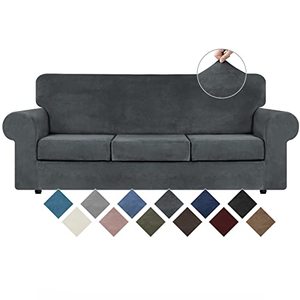 lot 60181 image: WEERRW 4 Pieces Velvet High Stretch Couch Covers for 3 Cushion Sofa Slipcovers, Washable Furniture Protector with Non Slip Elastic Bottom, Feature Soft and Thick Plush Fabric, Dark Grey, Large