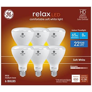 lot 60212 image: GE Relax 6-Pack 65 W Equivalent Dimmable Soft White Br30 LED Light Fixture Light Bulb 22 Year Life