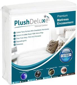 lot 60223 image: PlushDeluxe Queen Size Premium Mattress Encasement - Zippered Waterproof, Bedbug Proof Design, 6-Sided Protection - Hypoallergenic Cotton Terry Fabric 12-15 Depth